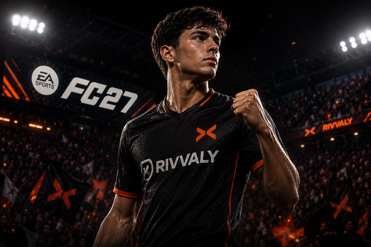 Rivvaly-branded FC competitor in a stadium at night