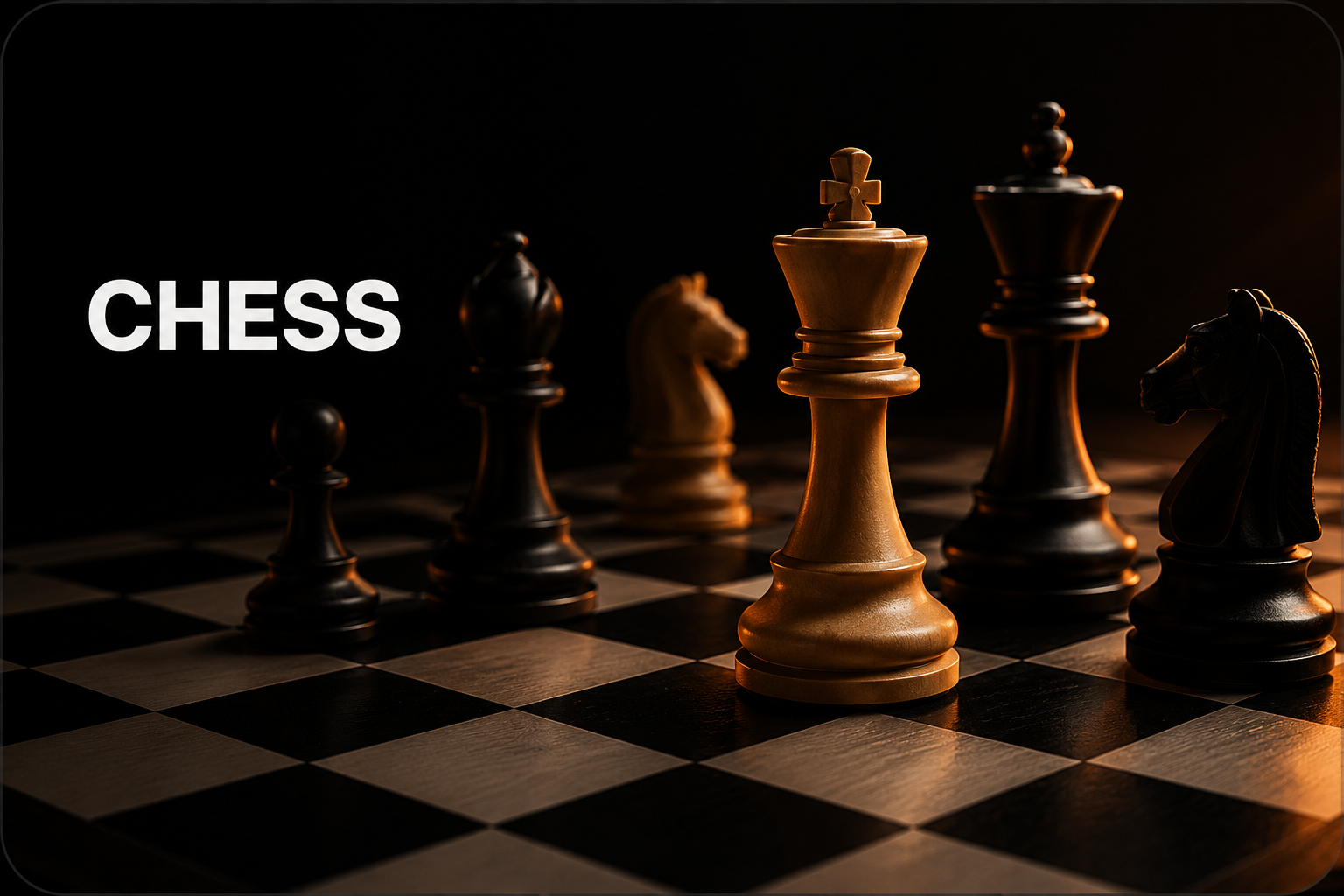 Chess pieces on a board under dramatic warm light