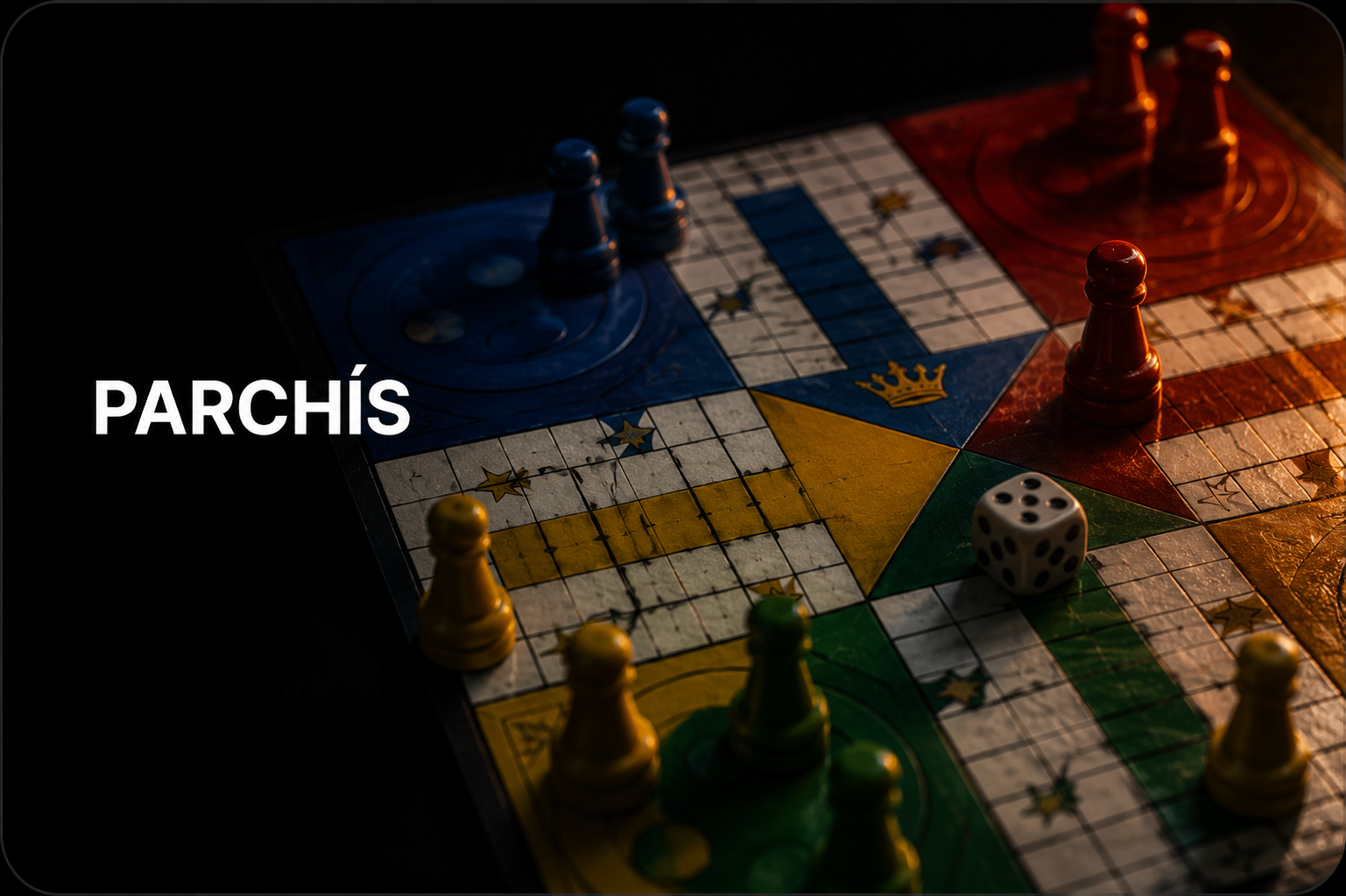 Parchís board with colored pieces and a die